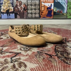 Kelsi Dagger Tan Suede Studded Ankle-Strap Ballet Flats
